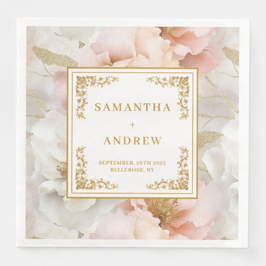 Boho blush ivory gold floral wedding paper napkins (正面)