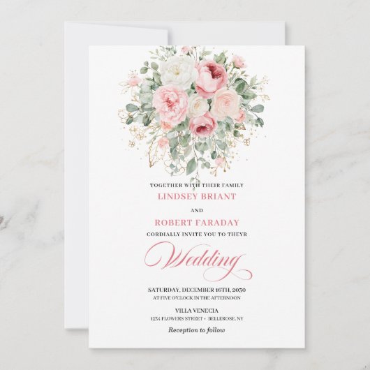 Boho Blush Peonies Gold Floral Wedding Invitation 招待状 (正面)