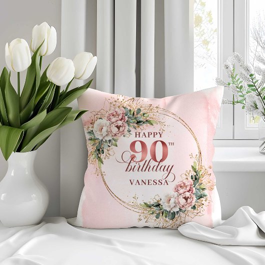 Boho Blush Pink Floral 90th Birthday Pillow クッション