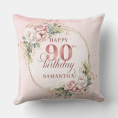 Boho Blush Pink Floral 90th Birthday Pillow クッション (裏面)
