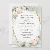 Boho Blush Pink Floral Greenery QR Code Wedding 招待状 (正面)