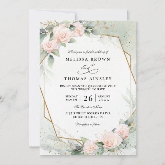 Boho Blush Pink Floral Greenery QR Code Wedding 招待状 (正面)