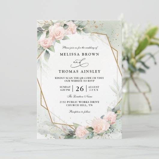 Boho Blush Pink Floral Greenery QR Code Wedding 招待状 (スタンド正面)