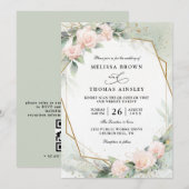 Boho Blush Pink Floral Greenery QR Code Wedding 招待状 (正面/裏面)