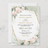 Boho Blush Pink Floral Greenery QR Code Wedding 招待状 (正面)