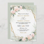 Boho Blush Pink Floral Greenery QR Code Wedding 招待状 (正面/裏面)