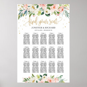 Boho blush pink floral wedding seating chart sign ポスター