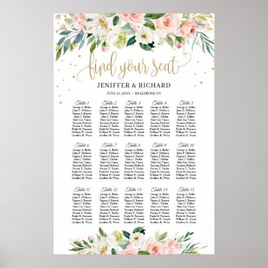 Boho blush pink floral wedding seating chart sign ポスター (正面)