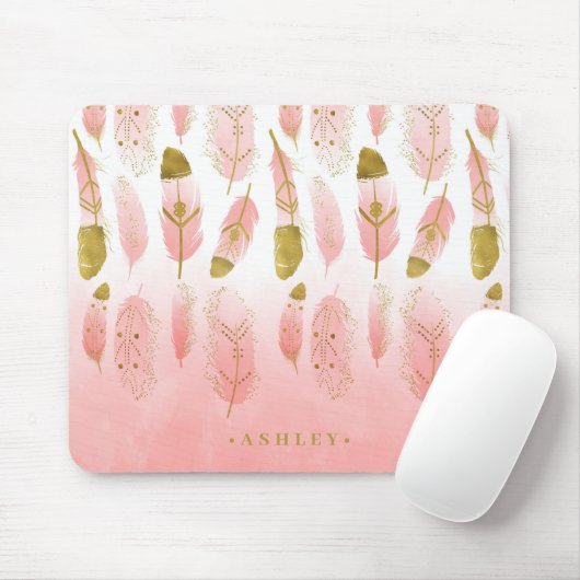 Boho Blush Pink & Gold Feathers Ombre Personalized マウスパッド (マウス)