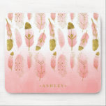 Boho Blush Pink & Gold Feathers Ombre Personalized マウスパッド<br><div class="desc">Customizable boho mousepad featuring blush pink watercolor feathers with faux gold foil accents and blush pink ombre. Personalize by adding names and other details. This boho feathers mousepad will be perfect as a personalized gift.</div>