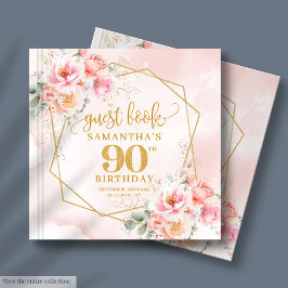 Boho blush pink gold floral 90 birthday guest book ゲストブック