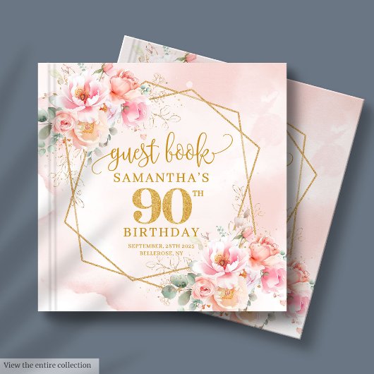 Boho blush pink gold floral 90 birthday guest book ゲストブック