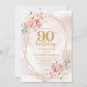 Boho Blush Pink Gold Floral 90th Birthday Invites 招待状 (正面)