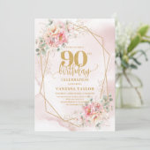 Boho Blush Pink Gold Floral 90th Birthday Invites 招待状 (スタンド正面)