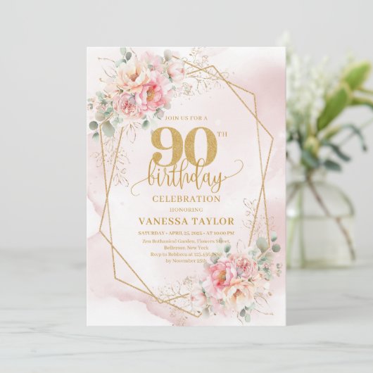 Boho Blush Pink Gold Floral 90th Birthday Invites 招待状 (スタンド正面)