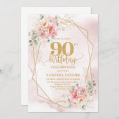 Boho Blush Pink Gold Floral 90th Birthday Invites 招待状 (正面/裏面)