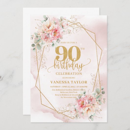 Boho Blush Pink Gold Floral 90th Birthday Invites 招待状 (正面/裏面)