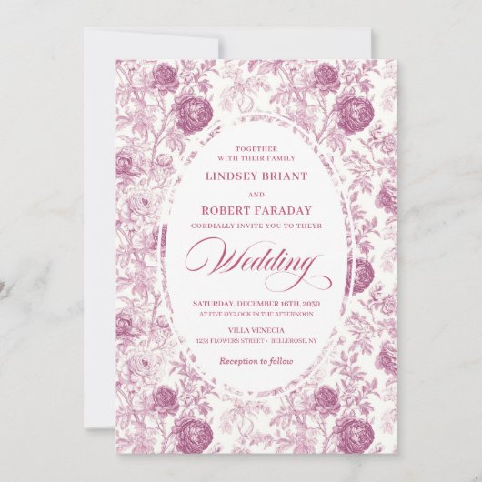 Boho Blush Pink Toile Floral Wedding Invitation  招待状 (正面)