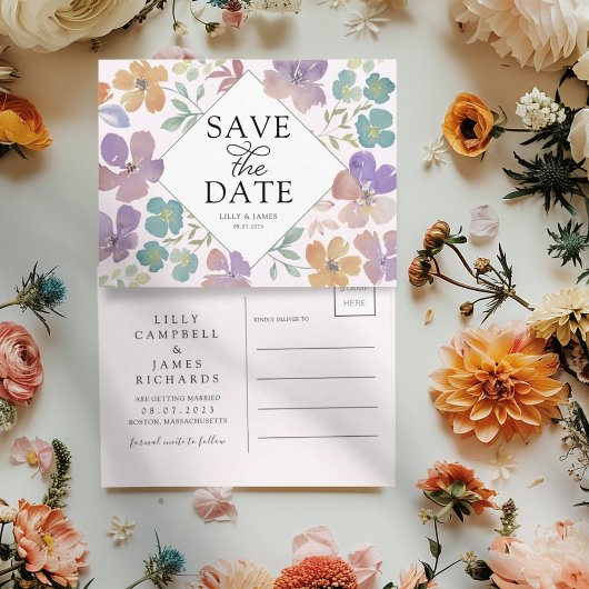 Boho Blush & Purple Wildflowers Save the Date 案内ポストカード