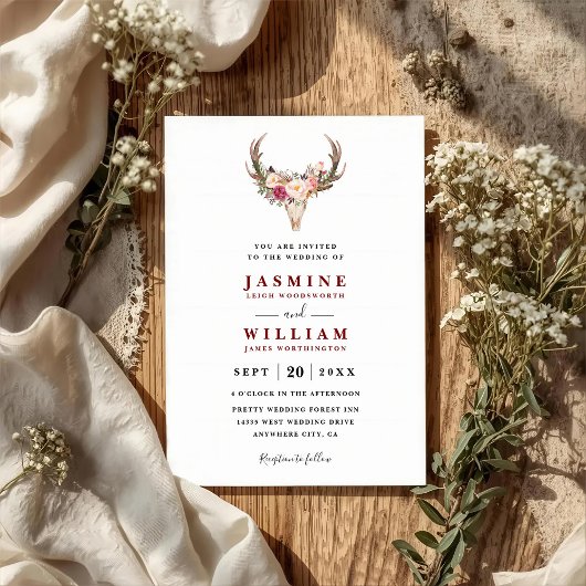 Boho Blush Red Floral Antler Skull QR Code Wedding 招待状