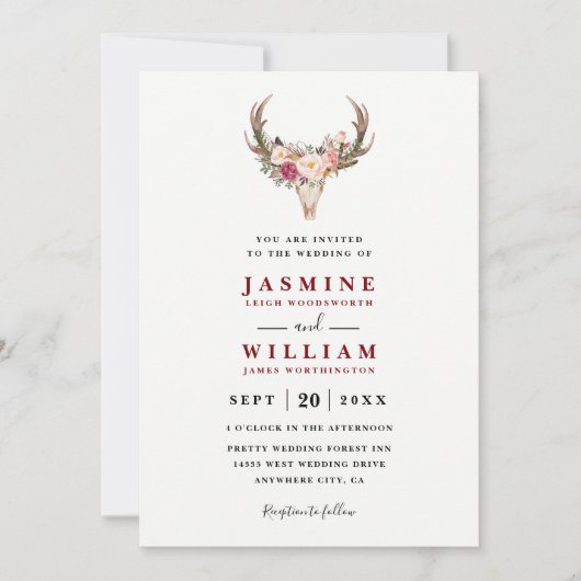 Boho Blush Red Floral Antler Skull QR Code Wedding 招待状 (正面)