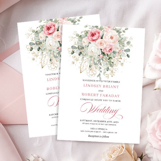 Boho Blush Roses Gold Floral Wedding Invitation 招待状