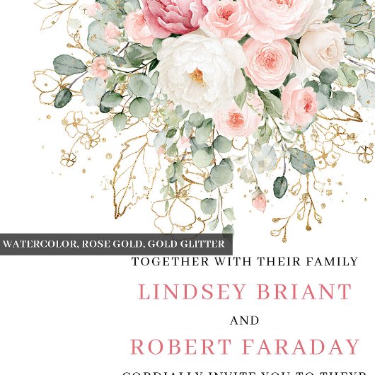 Boho Blush Roses Gold Floral Wedding Invitation 招待状