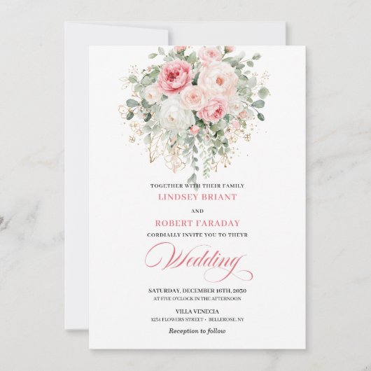 Boho Blush Roses Gold Floral Wedding Invitation 招待状 (正面)