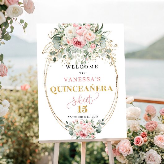 Boho Blush Roses Greenery 15th Welcome Poster ポスター