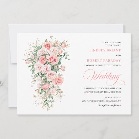 Boho Blush Roses Greenery Gold Wedding Invitation 招待状 (正面)