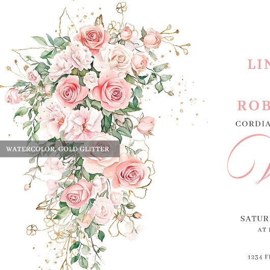 Boho Blush Roses Greenery Gold Wedding Invitation 招待状