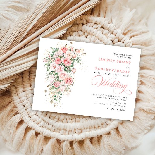 Boho Blush Roses Greenery Gold Wedding Invitation 招待状