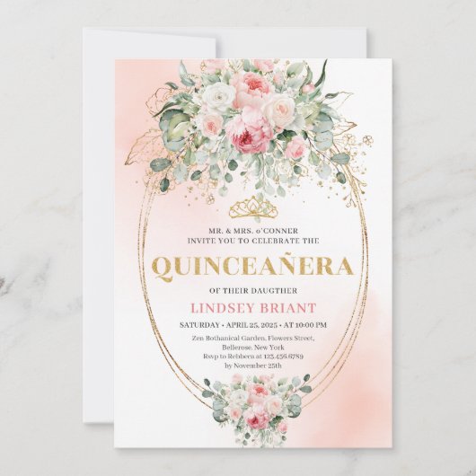 Boho Blush Roses Greenery Quinceañera Invitation 招待状 (正面)