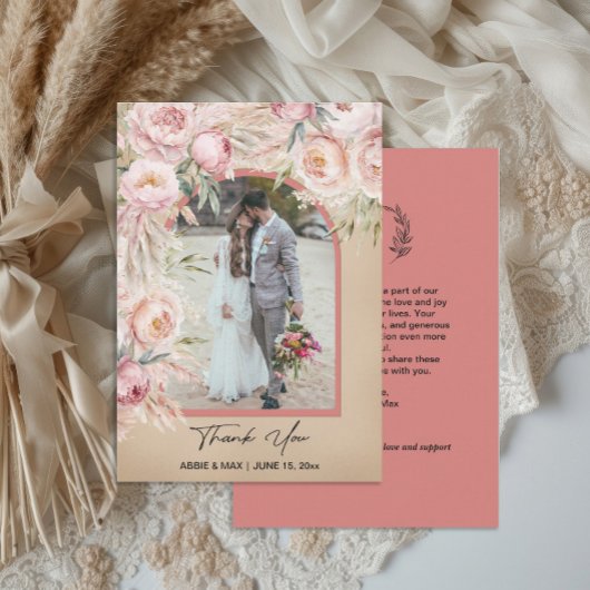 Boho Blush Terracotta Arch Photo Monogram Wedding  サンキューカード