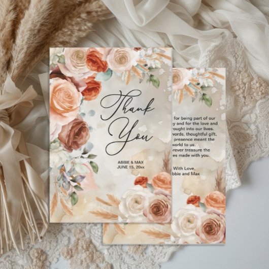 Boho Blush Terracotta Cream Floral Wedding  サンキューカード