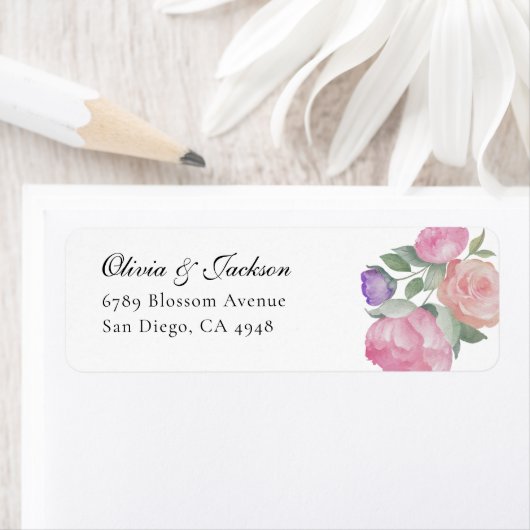 Boho Blush Watercolor Floral Wedding Address  ラベル (インサイチュ)