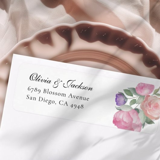 Boho Blush Watercolor Floral Wedding Address  ラベル
