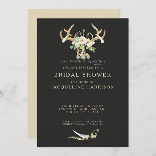 Boho Bohemian Deer Antler Floral Bridal Shower 招待状 (正面/裏面)