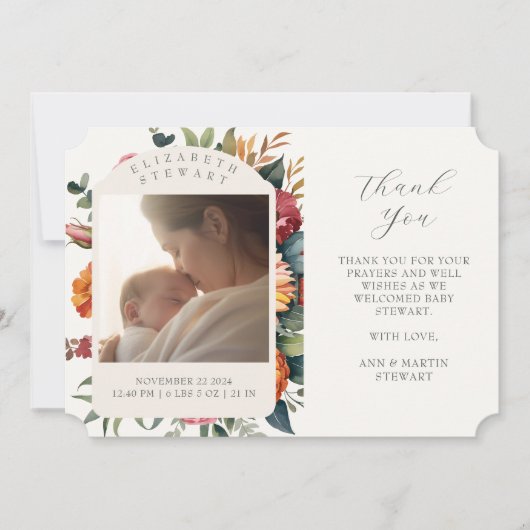 Boho Botanicalありがとうベビー誕生のお知らせ 招待状 (正面)