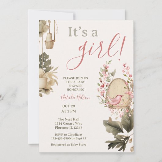 Boho botanical女の子の赤ちゃんシャワー 招待状 (正面)