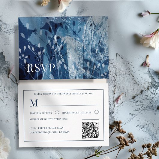 Boho Botanical Blue & White Wedding RSVP エンクロージャーカード