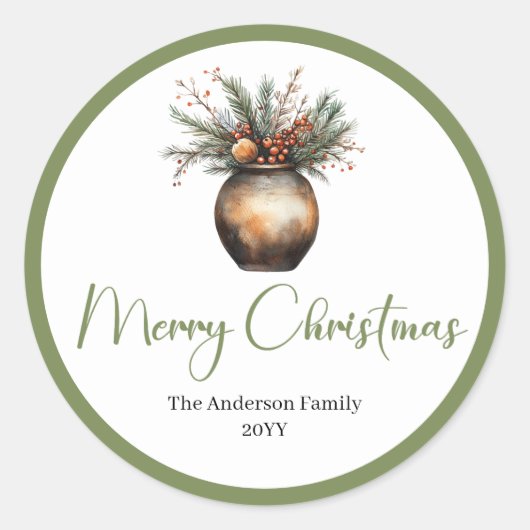 Boho Botanical Christmas Bouquet Modern Sticker ラウンドシール (正面)