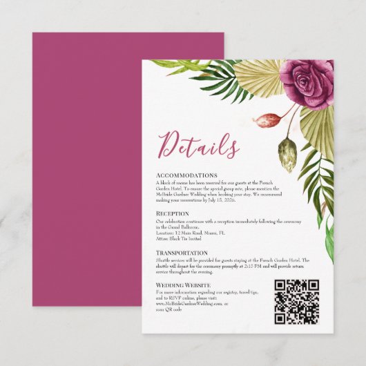 Boho Botanical Crimson Rose Wedding Details Card 招待状 (正面/裏面)