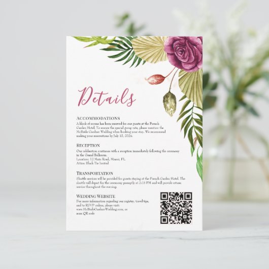Boho Botanical Crimson Rose Wedding Details Card 招待状 (スタンド正面)