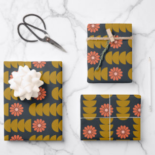 Boho Botanical Geometric Blueはっきりした金ゴールド ラッピングペーパーシート