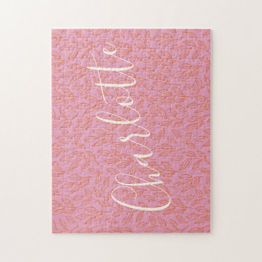 Boho Botanical Leaf Pattern in Pink Personalized   ジグソーパズル (縦)