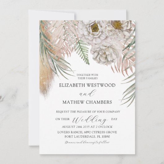 Boho Botanical Pampas Grass Wedding Invitation 招待状 (正面)