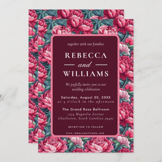 Boho Botanical Peonies Autumn Wedding  招待状 (正面/裏面)