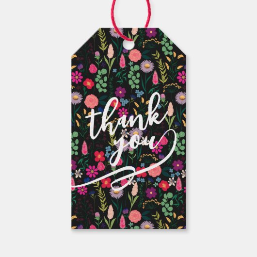 Boho Botanical Watercolor Flowers Black ギフトタグ (正面)