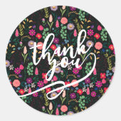 Boho Botanical Watercolor Flowers Black ラウンドシール (正面)